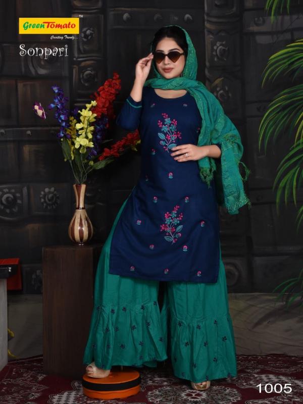 Green Tomato Sonpari Festive Wear Kurti Sharara And Dupatta 